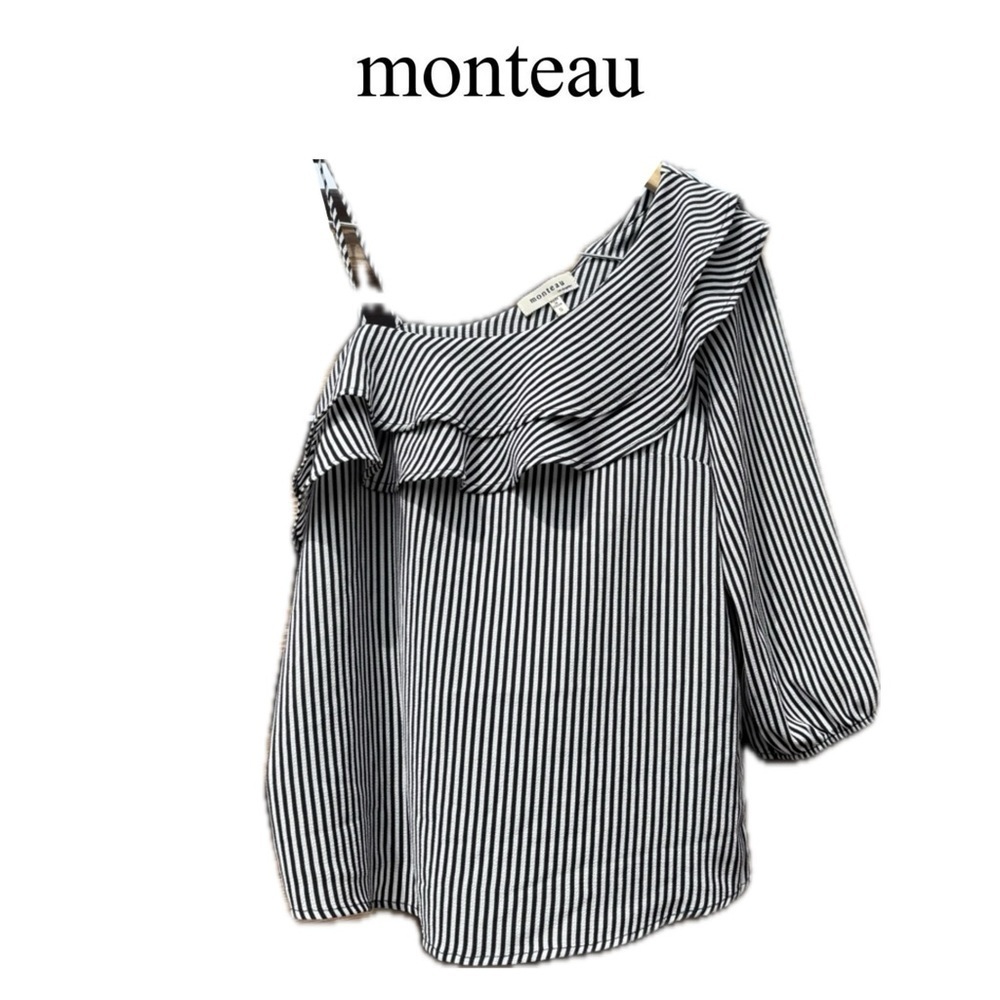 Monteau Black and White Striped Women's Top One sleeve Ruffle neckline Size Sm